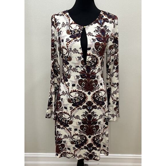 Venus Dress Medium Brown Purple Paisley Long‎ Bell Sleeves Midi Stretch Peekaboo - Picture 1 of 12